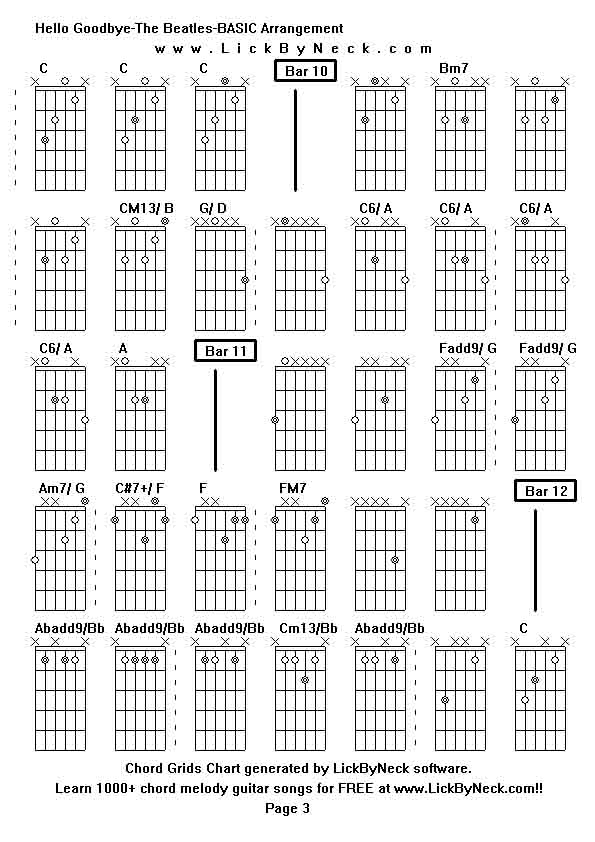 Chord Grids Chart of chord melody fingerstyle guitar song-Hello Goodbye-The Beatles-BASIC Arrangement,generated by LickByNeck software.